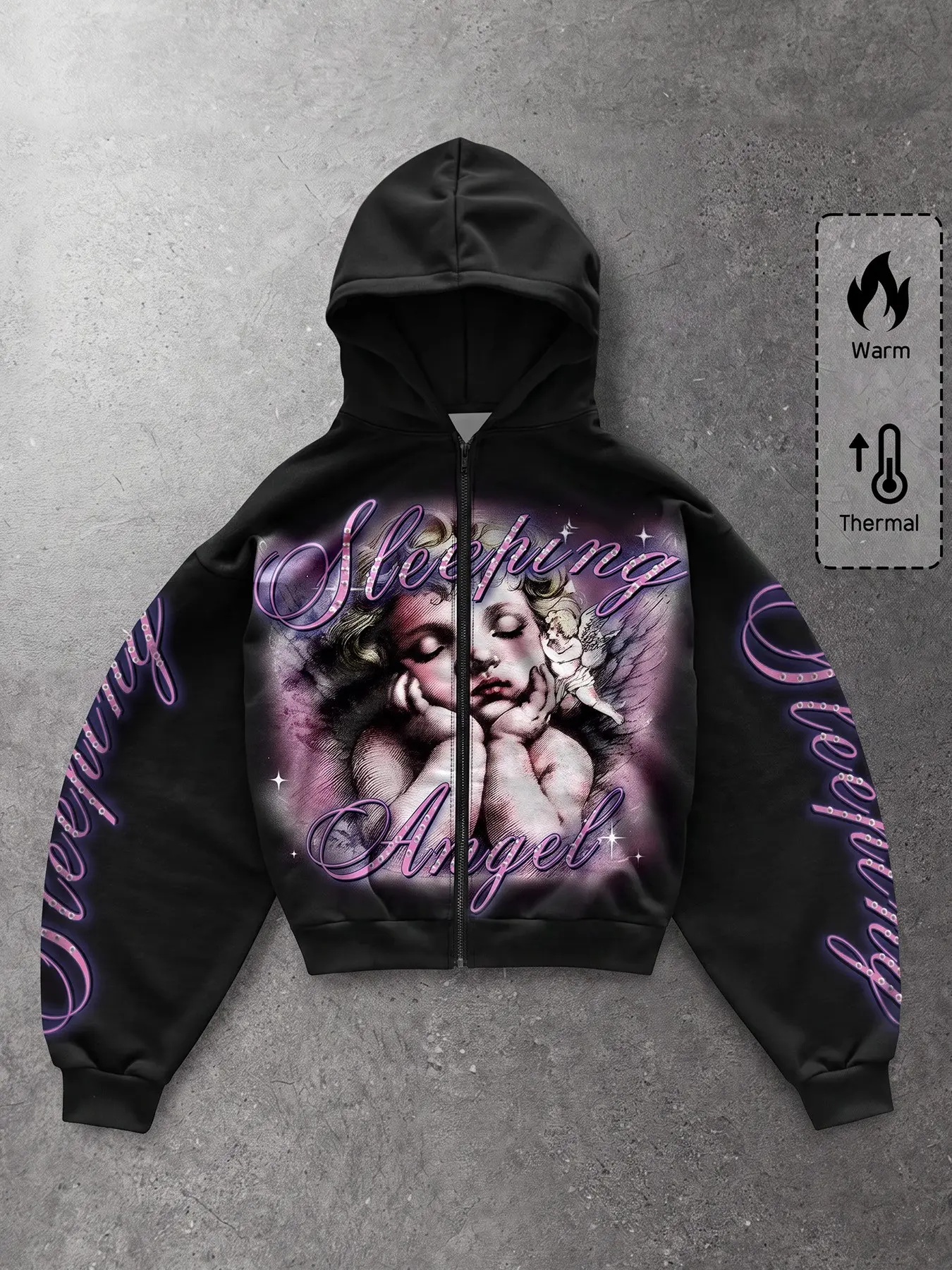 Men Black Zip Up Hoodie Jacket Thermal Fleece Warm Plush Lining Full Zip Drawstring Hood Kangaroo Pocket Sleeping Angel Front Graphic Purple Glitter Cursive Letter Print Sleeve Text Print Oversized Streetwear Outerwear For Winter Daily Wear Street Shootin