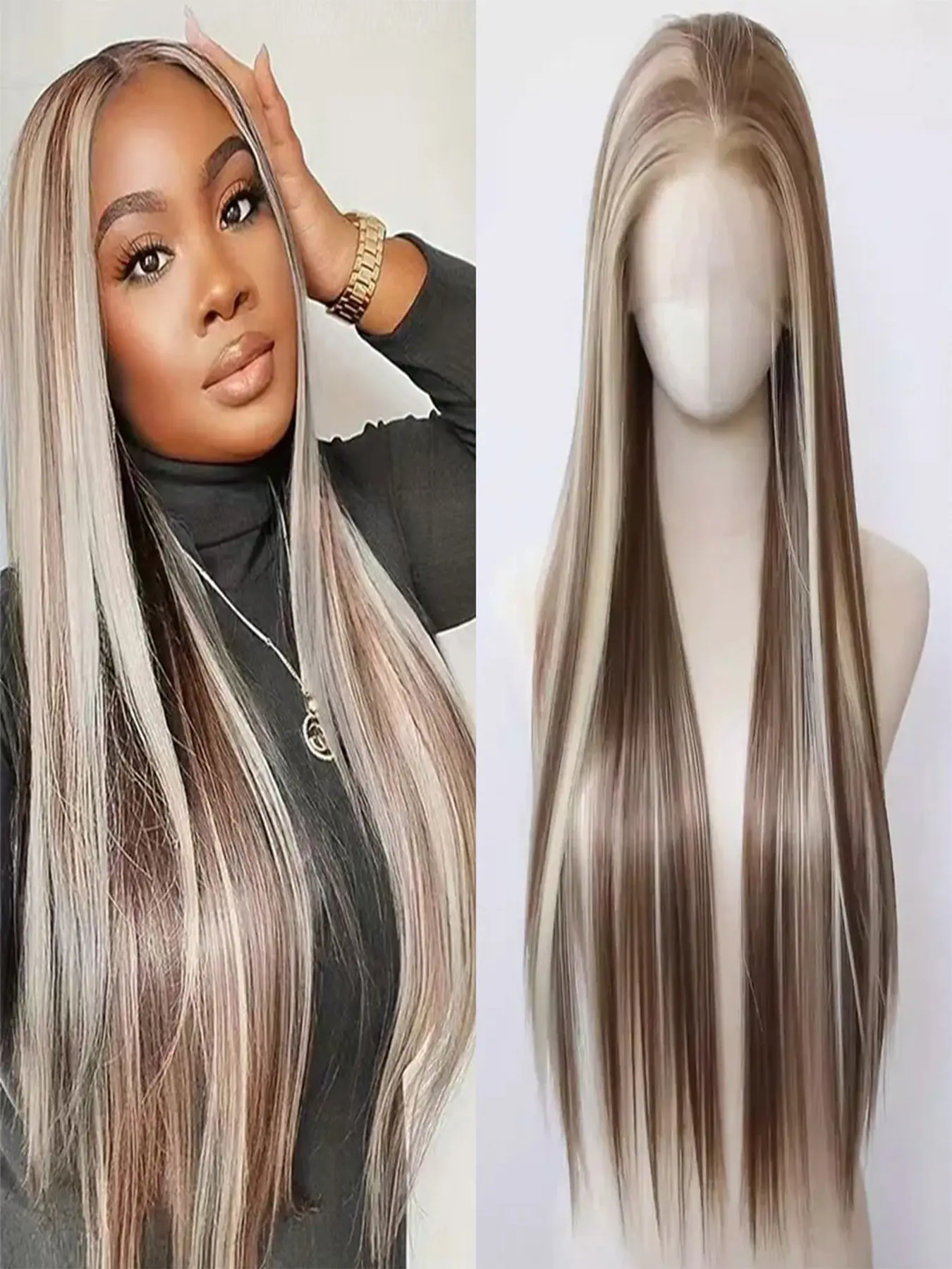 Platinum Highlight Wig, 13x4 Lace Front Wigs, Long Straight Synthetic Lace Front Wig, High Temperature Fibers, Natural Hairline, Perfect for Daily Use, Parties, Halloween
