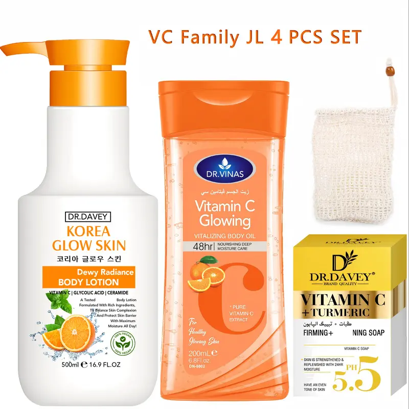 4pcs Vitamin C Body Lotion+Body Oil+Soap Skincare Set Gift: Clean, Moisturizing, Gentle, Non Stimulating, Fragrance Preserving, Large Capacity, Suitable for All Seasons Skincare for the Whole Family Skin Care Kits Body Care Bundle