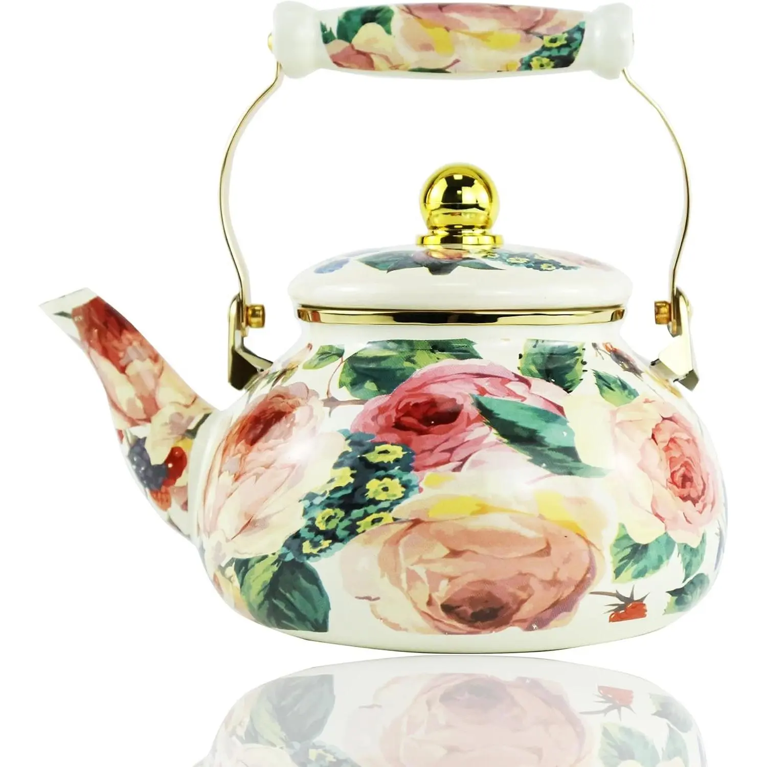 2.5L Vintage Floral Enamel Tea Kettle Watercolor Rose Boho Porcelain Tea Pot with Ceramic Handle for Stovetop Kitchen Home Decor