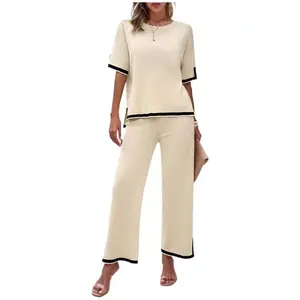 Women's Solid Color Short-Sleeve Knit Set - Chic Everyday Style Apricot Basic Co-ord Comfort Wear for Lounging & Casual Outings loungewear,button