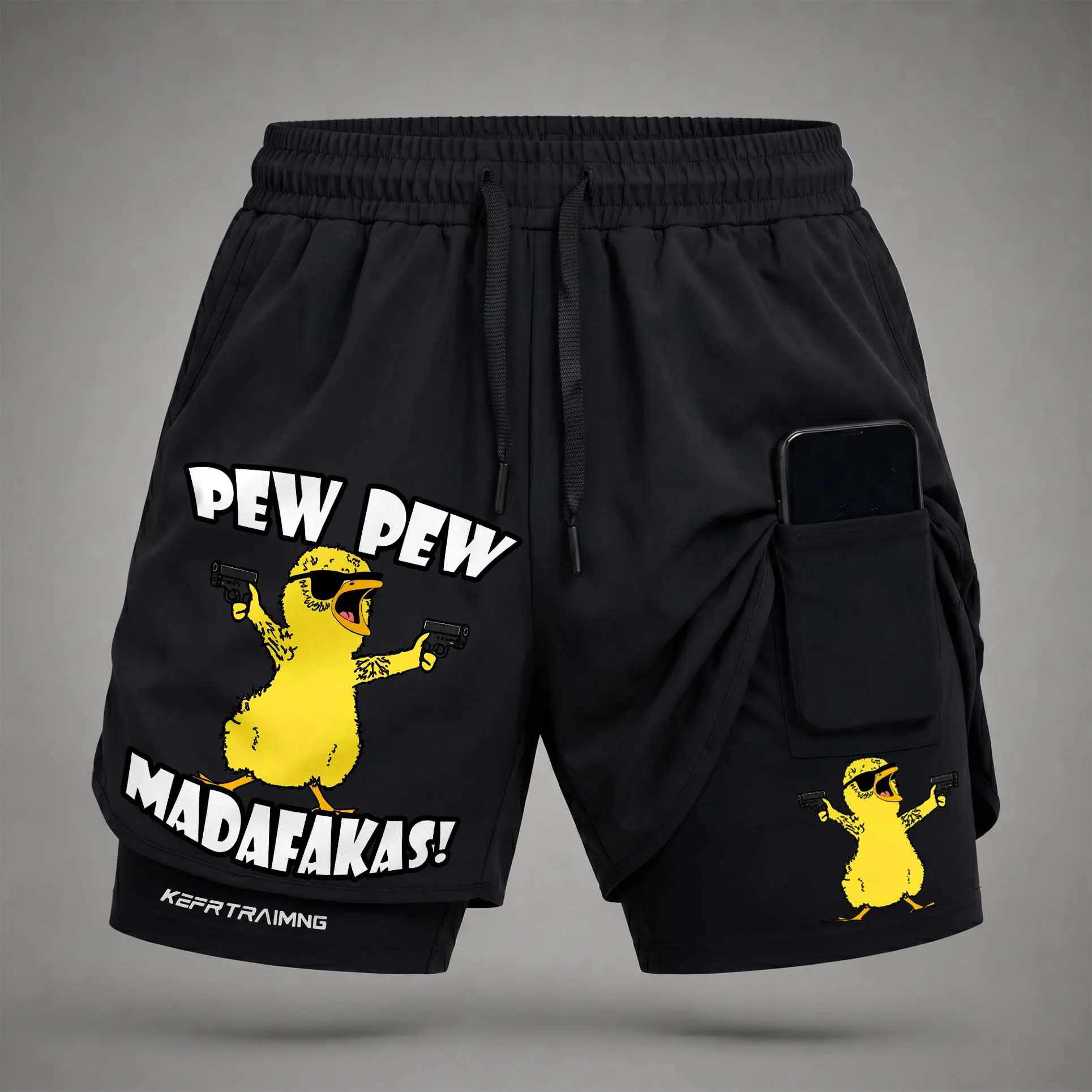 Men’s “Pew Pew Madafakas”Graphic Print 2-in-1 Athletic Shorts, Built-in Compression Liner, Secure Inner Phone Pocket, Elastic Drawstring Waist, Quick-Dry Gym Running Training Shorts for Summer Daily Wear