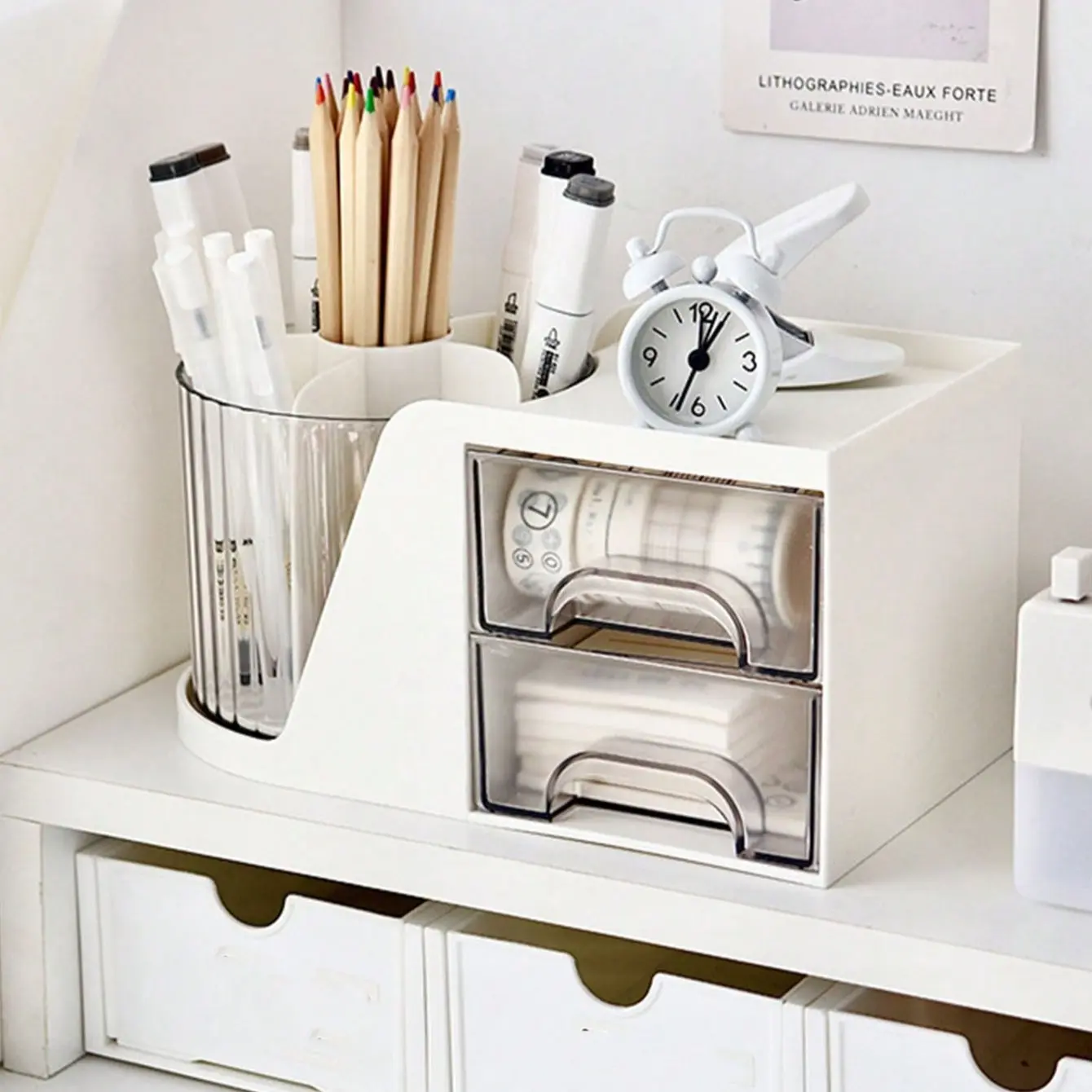 360° Rotating Desk Organizer with Drawers, Multi Compartment Pen Holder, Storage Caddy for Stationery, Makeup Brushes, Office & Student Desktop Decor, Office Supply Organizer, Desk Organizers with Compartments