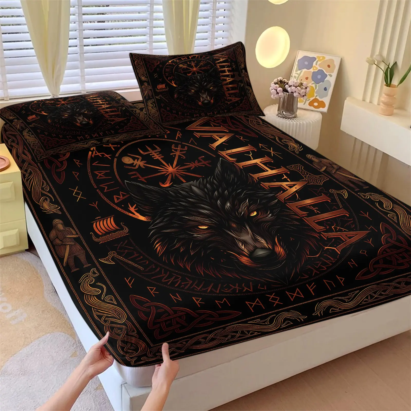 Viking Wolf Valhalla Fitted Sheet Set, 1 Fitted Sheet & 2 Pillowcase No Filling Soft Bedding Set All Season Bedsheet Set Bed Sheets Set for Norse Fans Men Bedroom Decor Holiday Gift