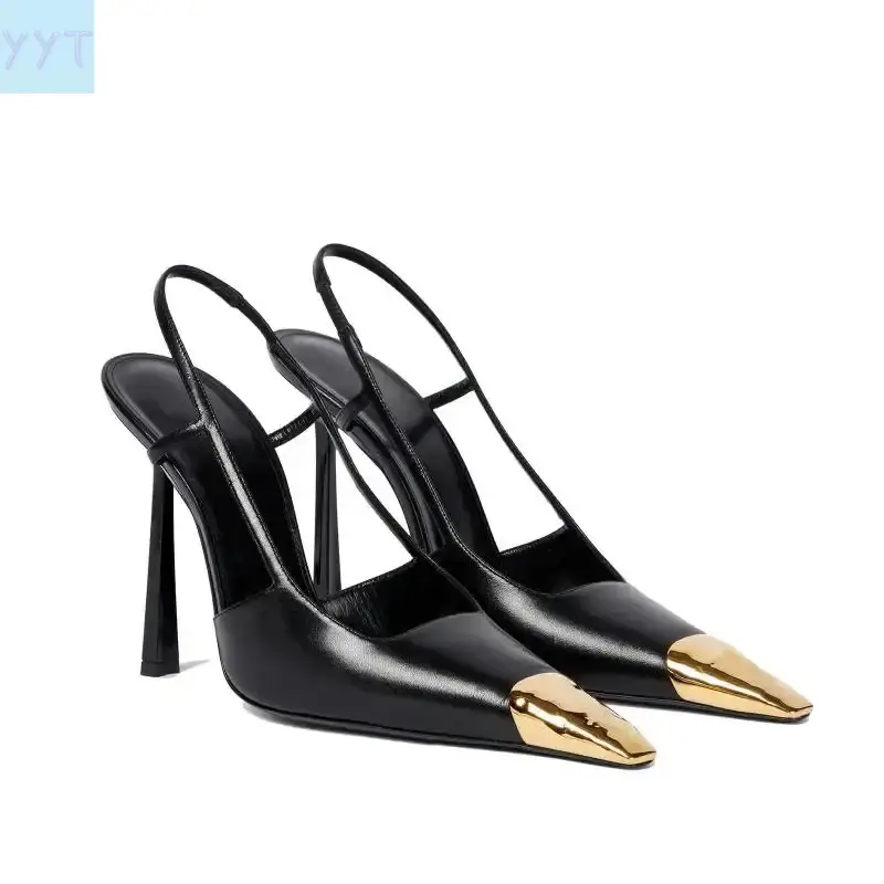 YYT1 Women's Slingback Stiletto Heels, Metal Toe Cap Leather Pumps with Elastic Strap, Fashion Dance Dress Shoes for Women, Dance Heels