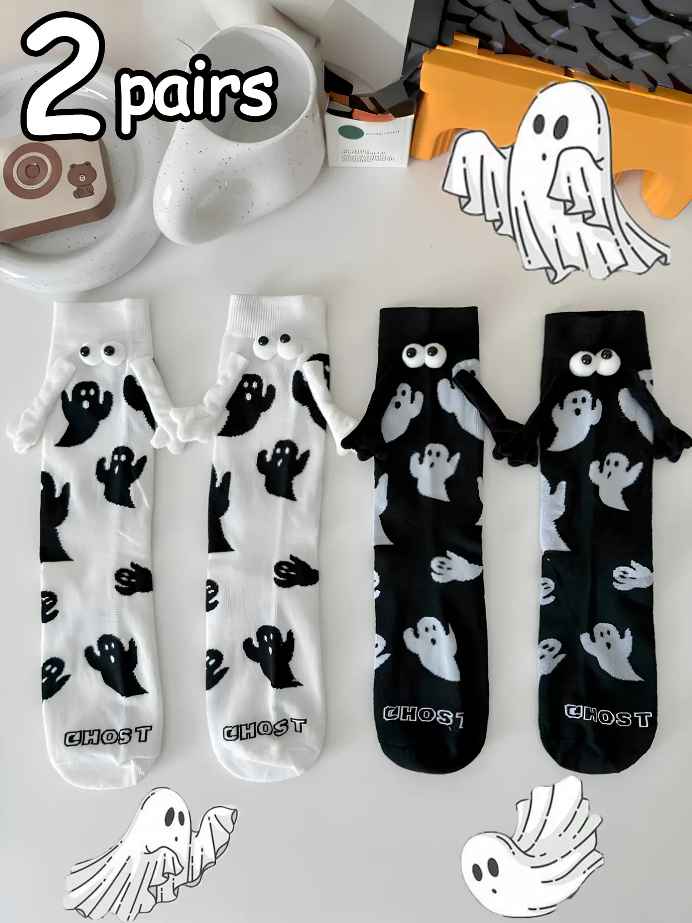 Halloween Style Couple Fun Magnetic Cartoon Ghost Pattern Crew Socks, Unisex Mid-Calf Socks, Casual All-Season Fitted Plain Design