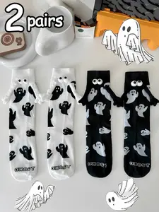 Halloween Style Couple Fun Magnetic Cartoon Ghost Pattern Crew Socks, Unisex Mid-Calf Socks, Casual All-Season Fitted Plain Design