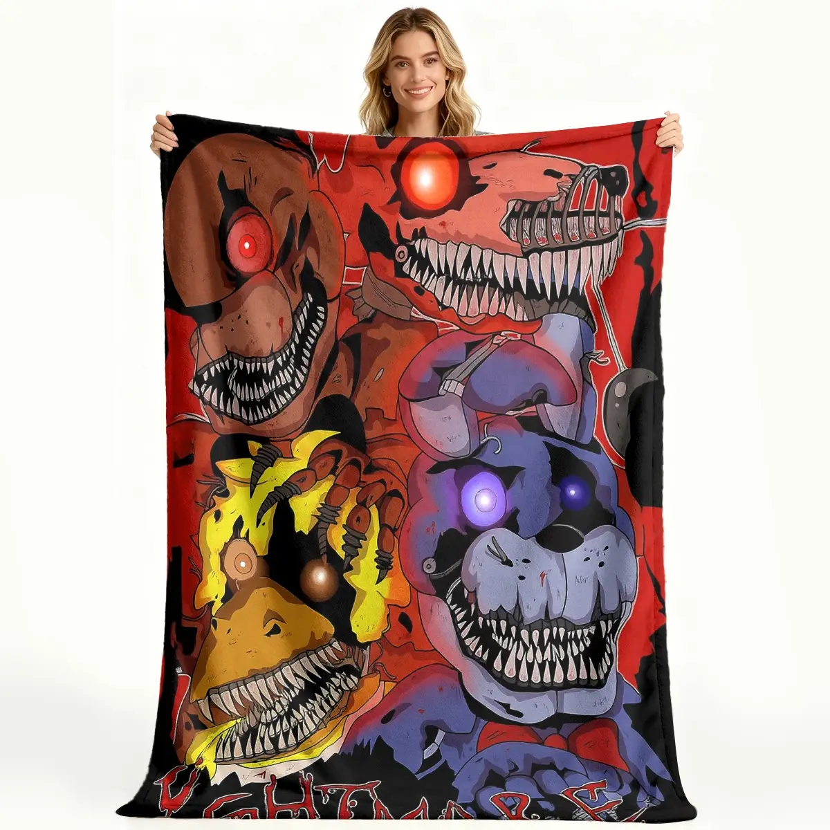 Nightmare Animatronics Design Full Print Cotton Crochet Flannel Blanket - Soft, Wrinkle Resistant, Classic, Cooling, High-Quality, All Seasons, Machine Washable, Ideal for Camping, Halloween Gifts