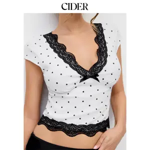 Cider Cotton-blend Polka Dot V-neck Short Sleeve Lace Trim Bowknot Top