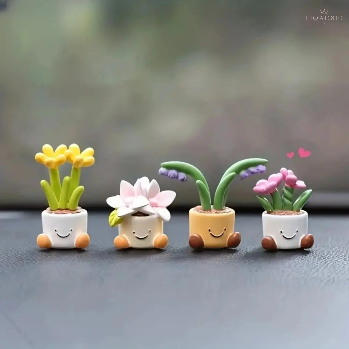 4Pcs Cute Potted Plant Figurines, Trendy Mini Smiley‑Face Flower Pot Ornaments, Hand‑made Resin Tiny Floral Decor, Compact Desk Dashboard Decorations For Car Interior, Home Shelf And Office Table Decor