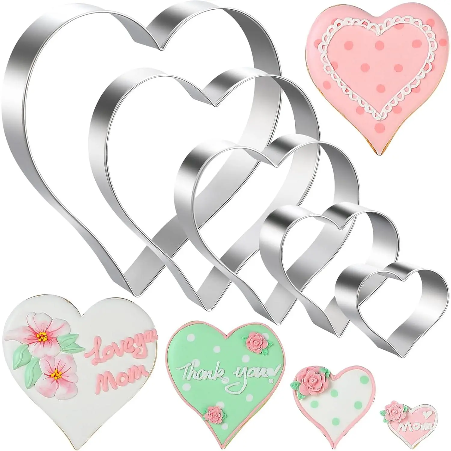 5- Stainless Steel Heart Cookie Cutters Set - Valentine's Day, Birthday, Wedding Baking Tools (1.38" to 4.57") - Dishwasher Safe Fondant & Biscuit Molds