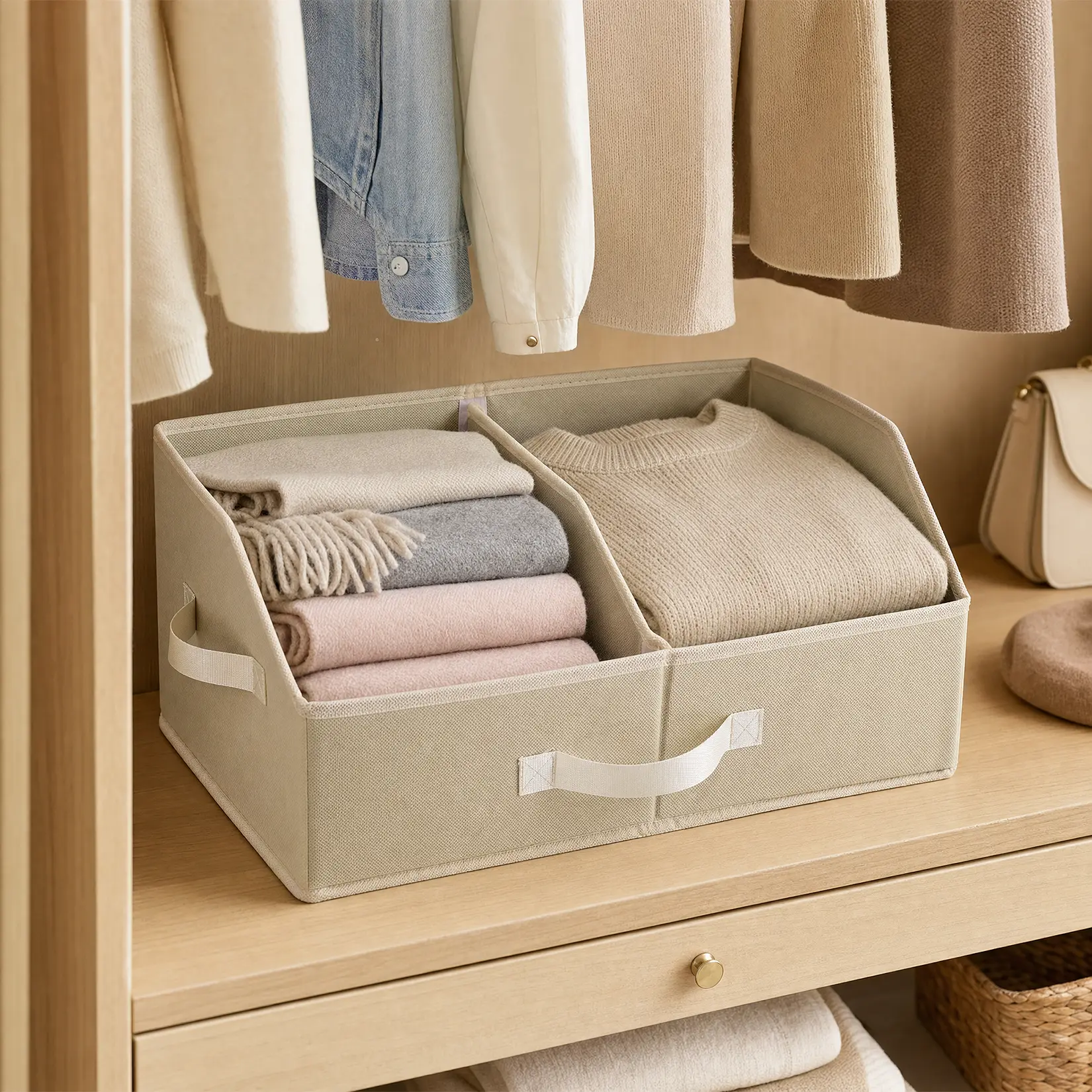 Adjustable Divider Closet Storage Baskets with Handles – 6 Pack Beige, Non-Woven Linen, Collapsible Organizer Bins for Wardrobe Shelves, 16.5×11×7.9 Inch