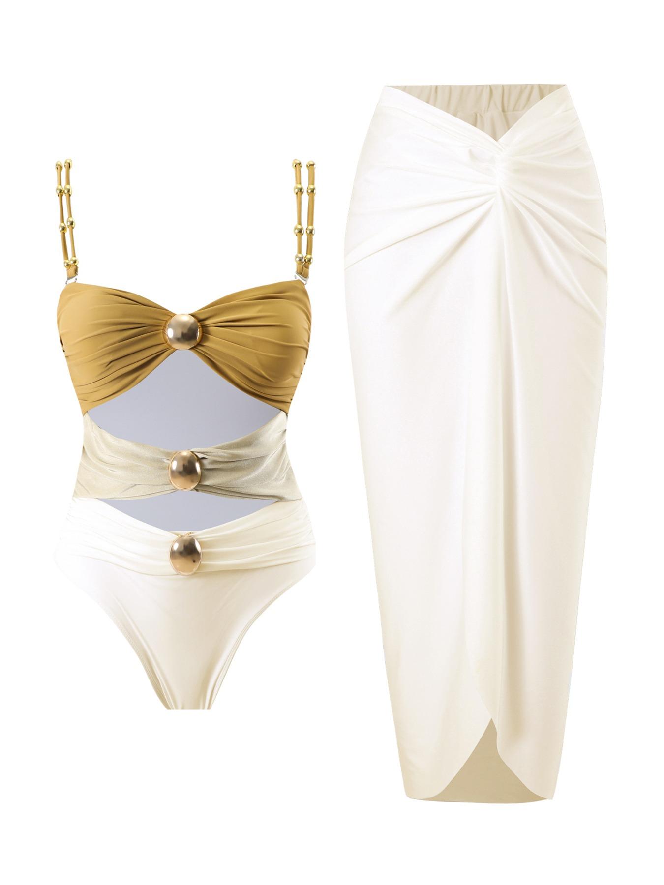 Women's Cut Out Ruched One-piece Swimsuit & Knot Side Cover Up Skirt Set, Solid Sleeveless Swim Top & Cover Up Skirt, Ladies Swimsuit for Beach Holiday Vacation, Swimsuit Cover Ups