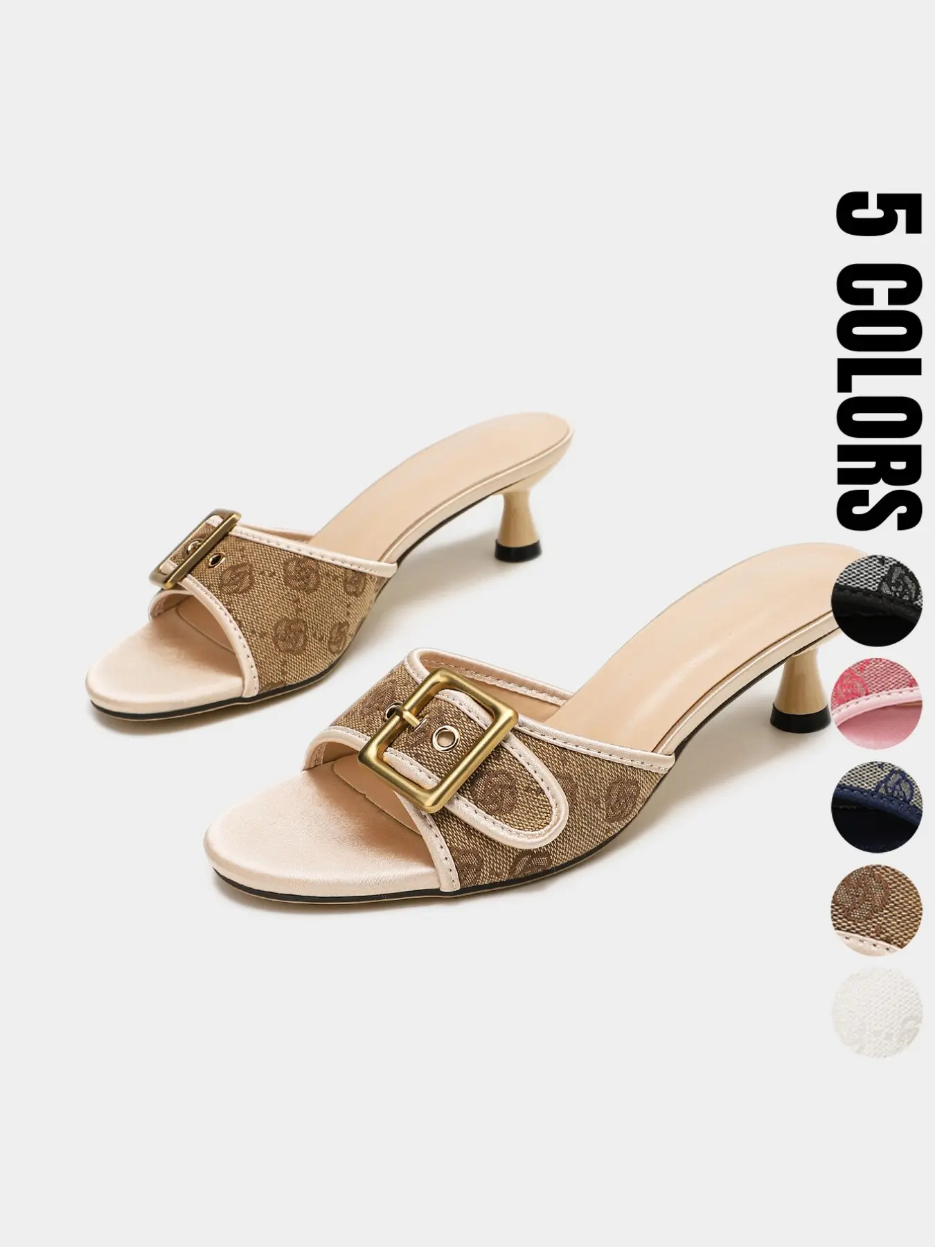 Women's Open-Toe Slip-On Mules, Low Heel Wine Glass Heel, Letter Print Fabric Upper, Buckle, Anti-Slip Rubber Sole