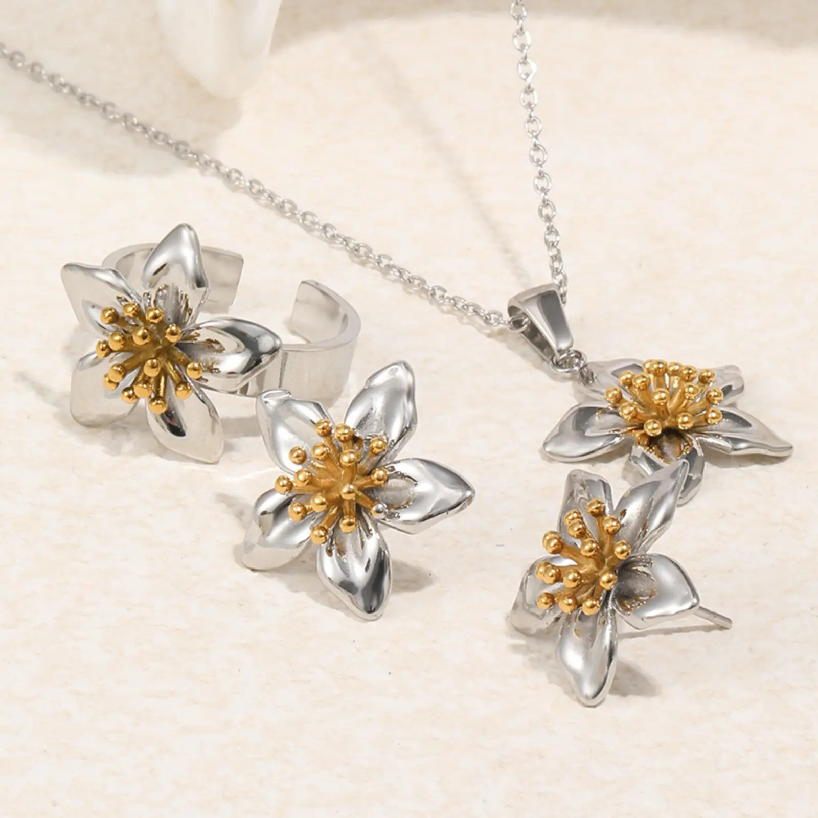 Two Tone Flower Jewelry Set Necklace Ring Earrings Silver Gold Two Tone Lily Flower Stainless Steel Matching Jewelry Kit 5 Petal Floral Open Cuff Ring Pendant Stud Earring Set For Women Minimalist Flower Jewelry Suit For Daily Dating Wedding Gift For Her