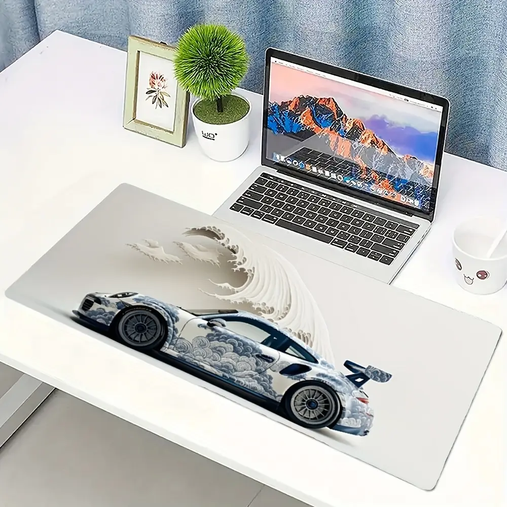 Japanese-style wave pattern desk mat compatible with gaming and office use - non-slip rubber base, smooth surface mouse/keyboard pad with Japanese wave print, simple computer desk decoration suitable for programmers, workspaces, 2D flat design