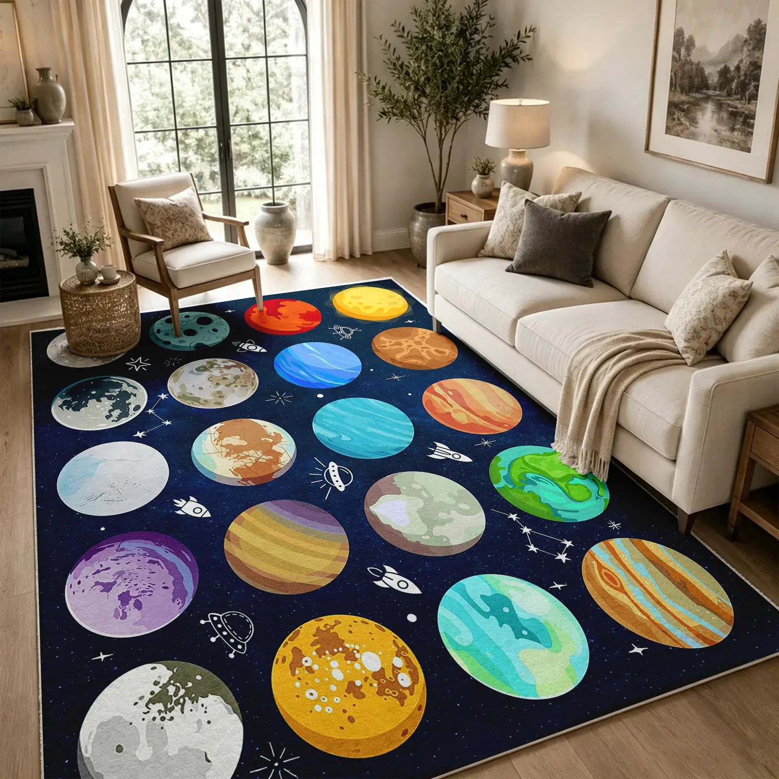 Fun Space Planet Rug, Dark Blue Colorful Galaxy Motif Carpet, Cozy Plush Faux Cashmere, Machine Washable Non Slip Rug for Bedroom Living Room Dining Room Office, Stylish Home Decor (Various Sizes)