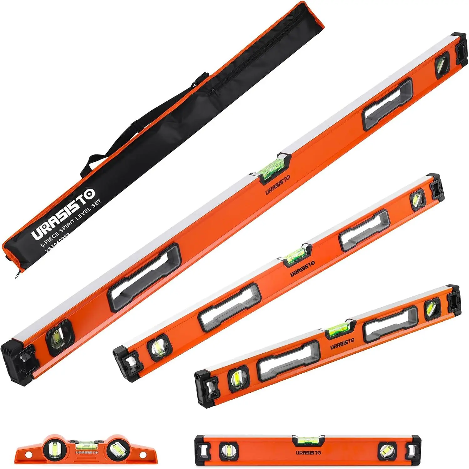 5-Piece Spirit Set, 10", 16", 24", 32", 48" Set with Torpedo, 45°/90°/180°Measuring, Aluminium Alloy with Bag