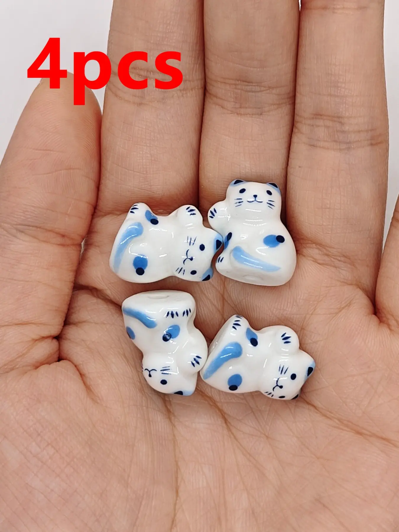 4pcs Blue Lucky Raising Paw Cat Ceramic Beads, DIY Jewelry Making Supplies, Cute Animal Pattern, Handmade Bead Accessories, All Seasons