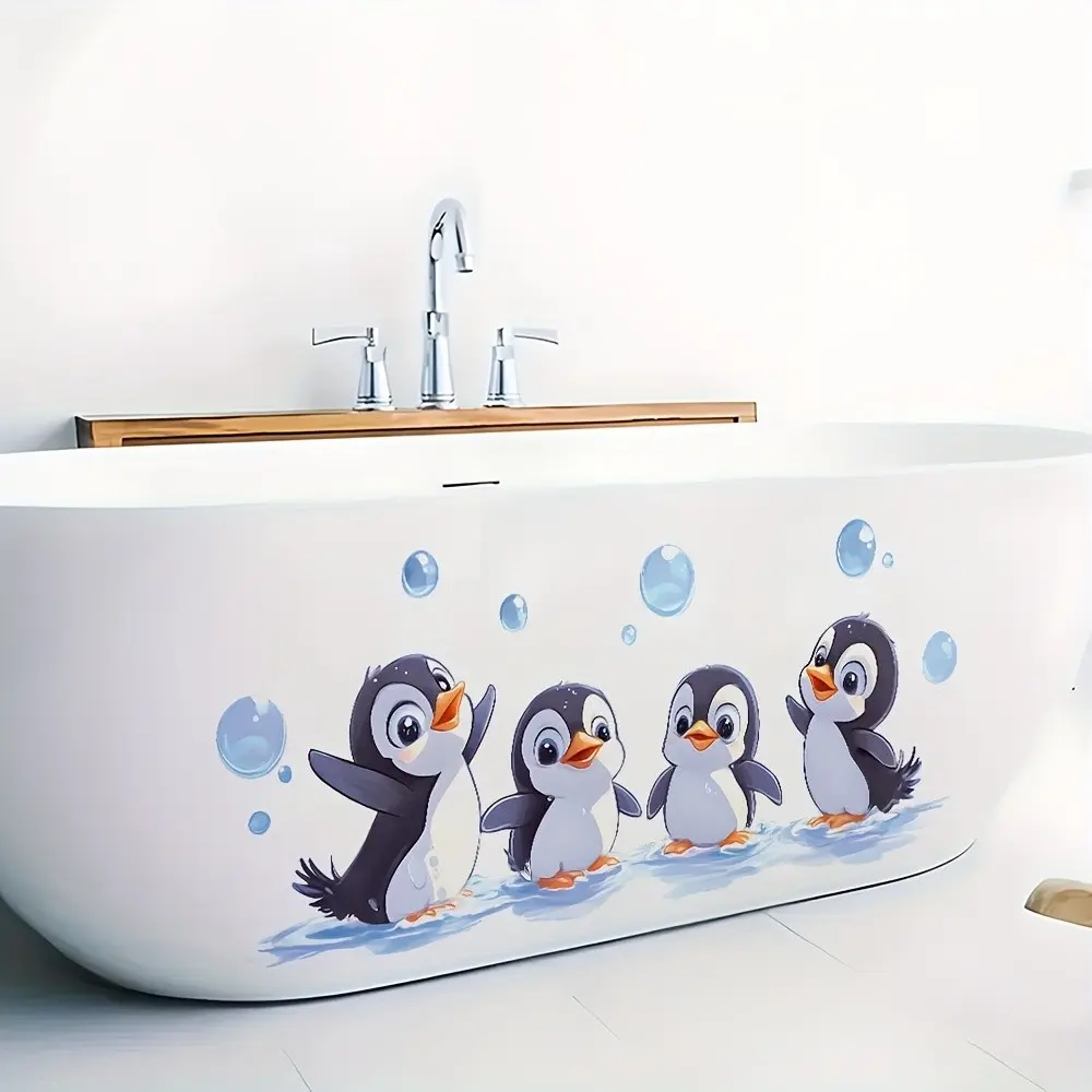 Cute Penguin Wall Sticker, Blue PVC Decorative Peel-Off Design, Bright Penguin Wallpaper for Kitchen Bathroom Walls