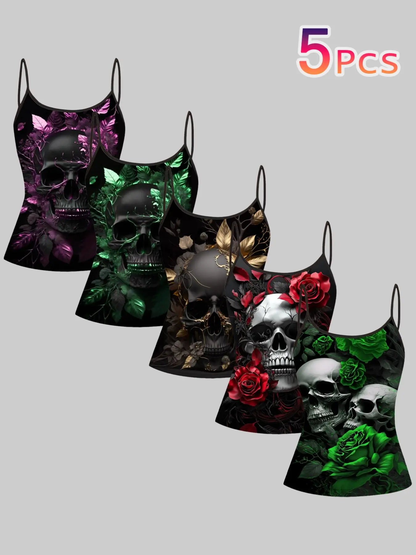 5-Piece Gothic Skull Rose Print Tank Tops, Silver 3D Strap Top, Vintage Floral Pattern Sleeveless T-Shirt for Women, Spaghetti Strap, Casual Sleeveless Top
