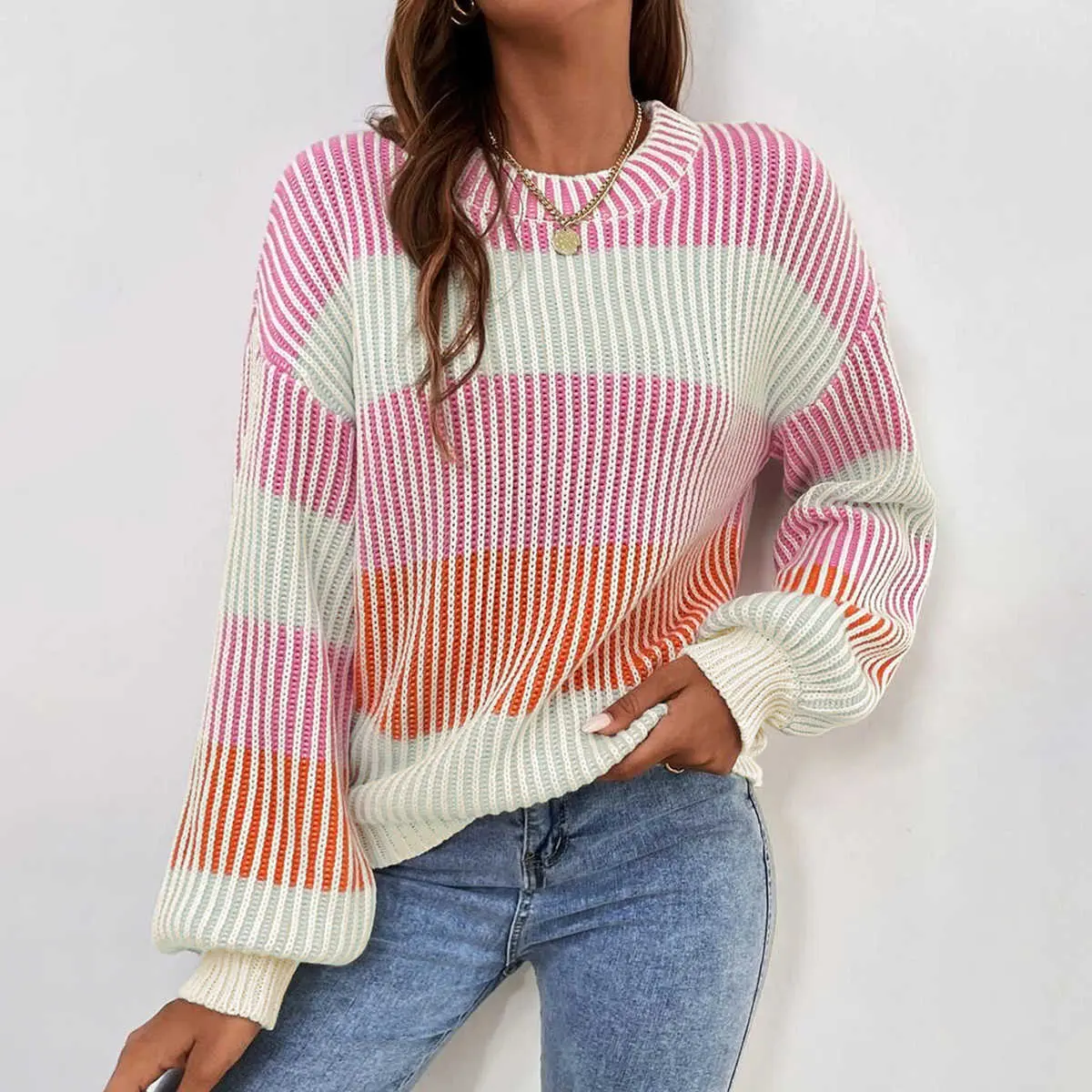 Women's Pink Colorblock Textured Knit Sweater - Bubble Sleeve Pullover Top Pink Colorblock Textured Knit Bubble Sleeve Sweater