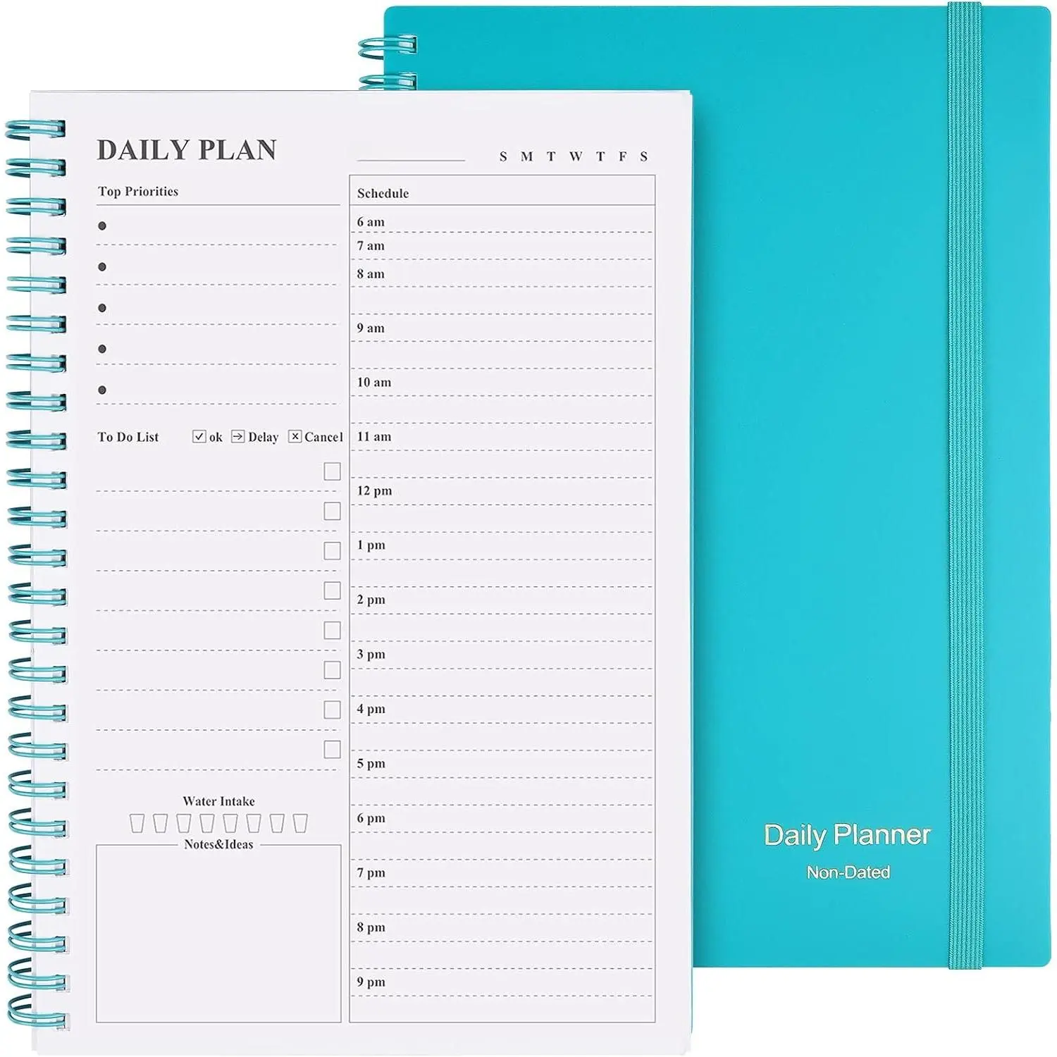 Undated Portable Daily Planner - 8.3x5.8" Spiral Notebook with Hourly Plans, PVC Hardcover, Elastic Band Closure, Inner Pocket for Men/Women (Blue), Pvc Cover