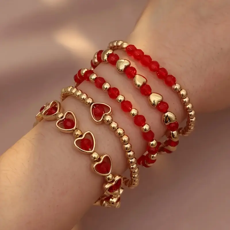 Women's Boho Heart Beads Stacked Bangles Set, 5-Piece Red Beaded Casual Wear Jewelry, Valentine’s Day Gift, Beading Detail, Unisex Option