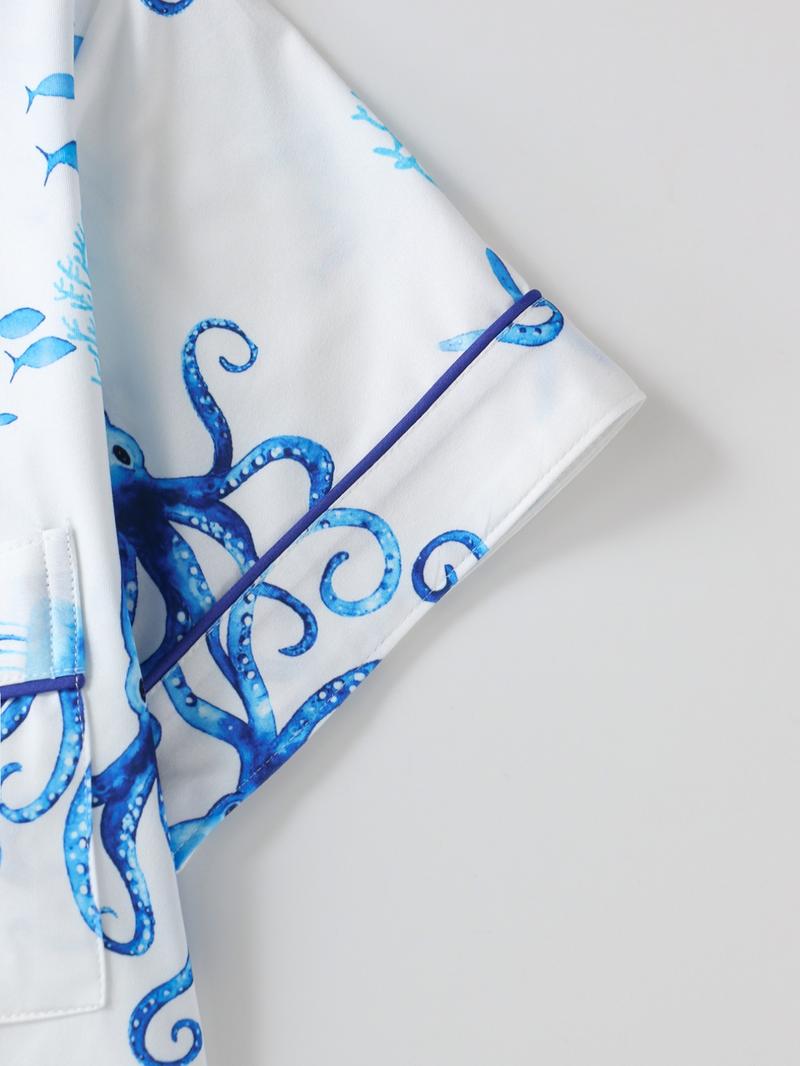 Women's Octopus Print Button Front Shirt & Shorts Pyjama Set, Comfort Two-piece Pj Set for Homewear, Women's Sleepwear for All Seasons, Womenswear, Summer Sleepwear Set