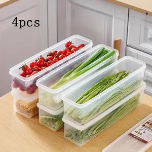 4PCS Storage Box, Long Rectangular Plastic Food Storage Containers with Lids, Hand Washable Refrigerator Organizer Boxes for Scallions, Parsley, Cilantro, Garlic, Kitchen Essentials, Fridge Organization, Stackable Fridge Organizer