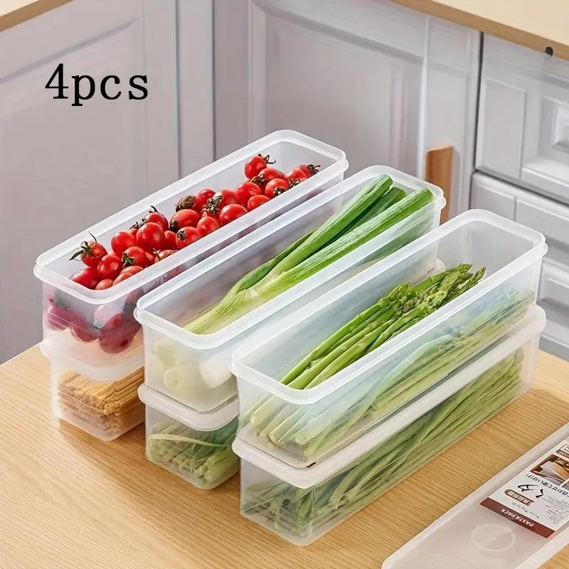 4PCS Storage Box, Long Rectangular Plastic Food Storage Containers with Lids, Hand Washable Refrigerator Organizer Boxes for Scallions, Parsley, Cilantro, Garlic, Kitchen Essentials, Fridge Organization, Stackable Fridge Organizer