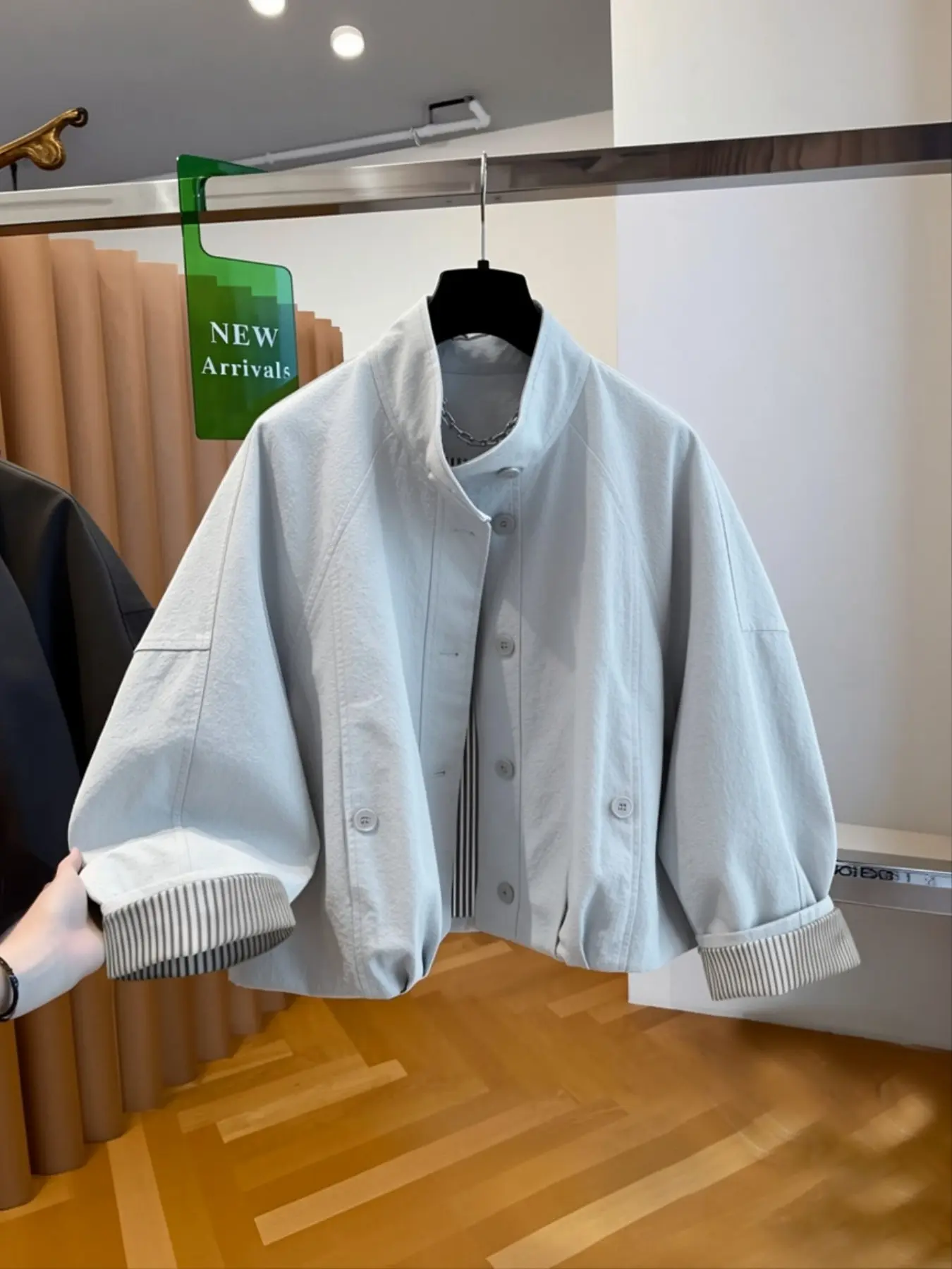 Women's Autumn Casual Loose Fit Stand Collar Textured Shirt Jacket, Long Sleeve Single Button Blazer, Versatile Top for Daily Wear