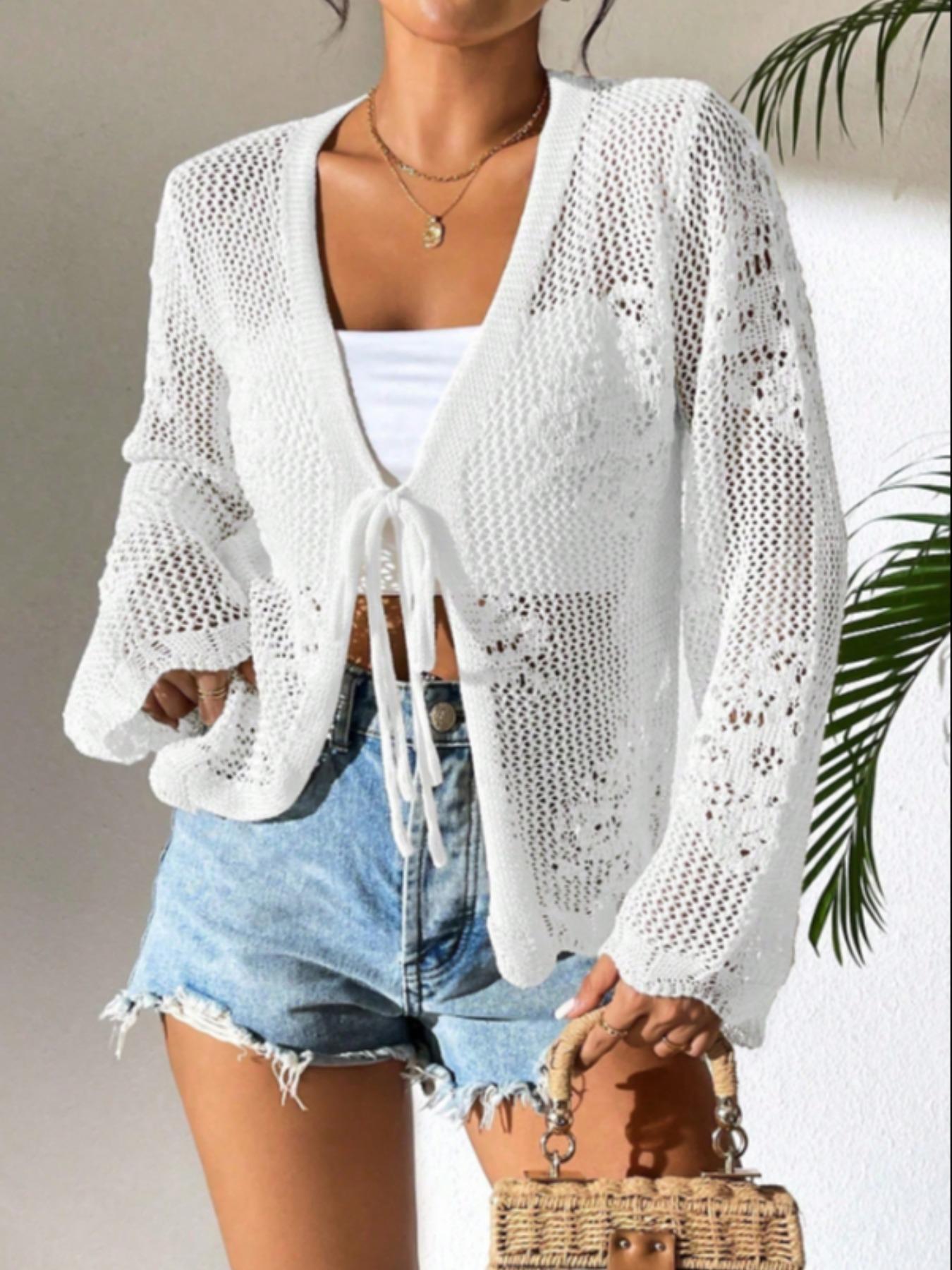 Women's Fitted Plain Sheer Tie Front Knitting Cardigan, Casual Long Sleeve Cardigan for Daily Wear, Ladies Knitwear for All Seasons Women's Fitted Plain Sheer Tie Front Knitting Cardigan, Casual Long Sleeve Cardigan for Daily Wear, Ladies Knitwear for All Seasons
