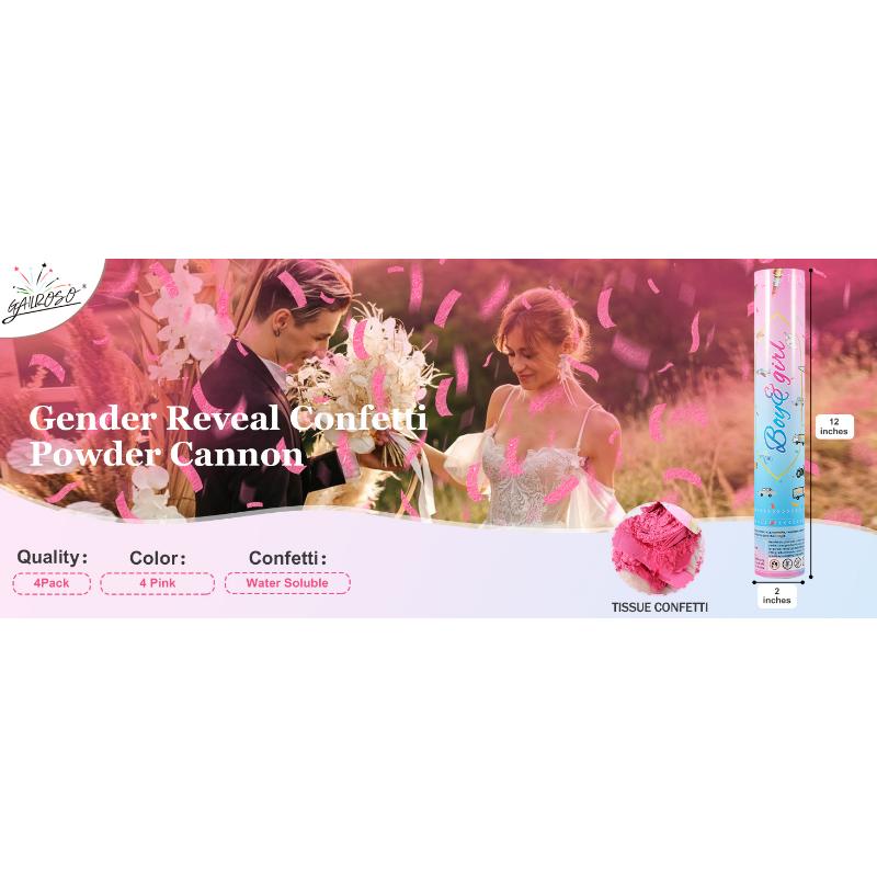 Gender Reveal Confetti Cannon,4 Pink Safty Corn Powder Smoke Party Poppers Shoots 20-25ft,12 inch Upgrade Firmware Baby Shower Gender Reveal Party Supplies