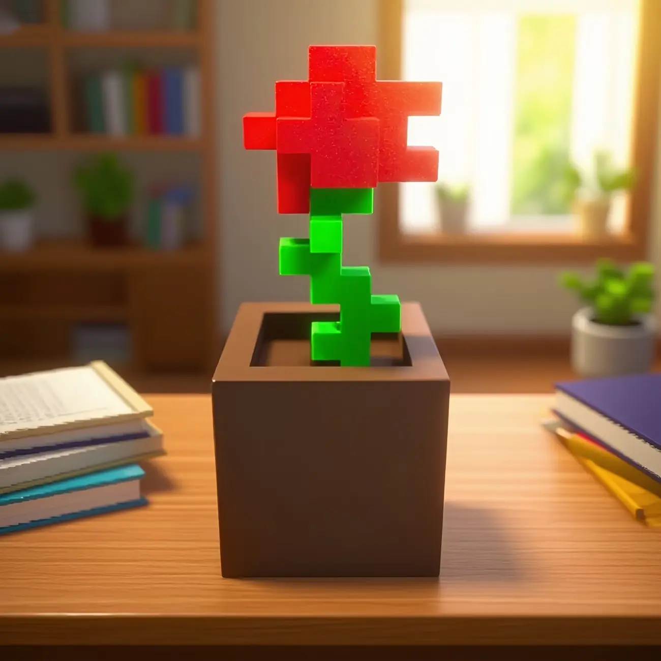 3D Printed Pixel Rose Flower Potted Ornament Retro 8-Bit Geek Style Fidget Desktop Toy Premium Plastic Geometric Design Artificial Flower for Gaming Room Decor Cute Desk Setup Tech Lovers Office Aesthetic Study Table Display