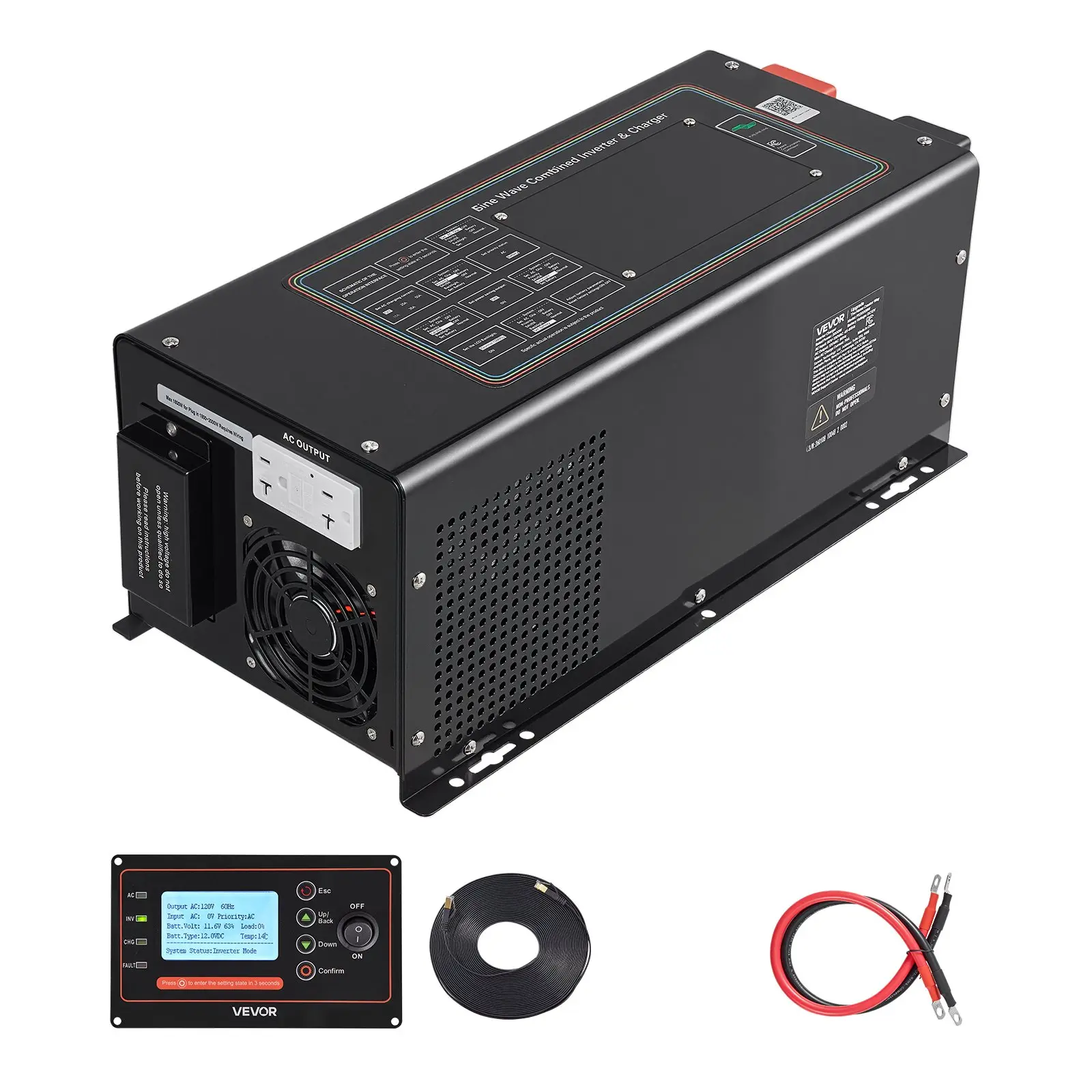 Pure Sine Wave Inverter Charger, 2000W, DC 12V to AC 120V Power Inverter with LCD Display, Remote Control, Low Frequency, GFCI, for RV Camper Home, Compatible with 12V LiFePO4 Lithium Batteries