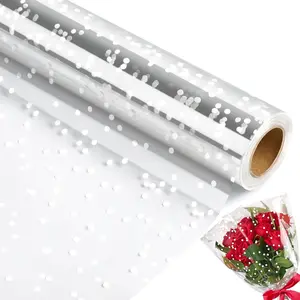 100ft x 34in Extra Wide Clear Cellophane Wrap Roll 2.5 Mil Thick Transparent Plastic with White Snow Dots for Bouquet Baskets Gifts Crafts Treats Food Grade Wrapping 34" Fold into 17"