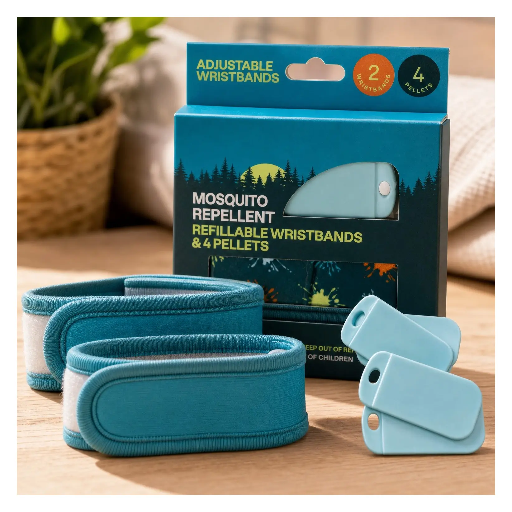 Mosquito Repellent Pack - 2 Adjustable Wristbands + 4 Refill Pellets, Natural DEET-Free, Essential Oil InfusedGift