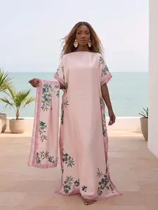Women’s Elegant Floral Print Floor-Length Kaftan Dress with Matching Scarf - Versatile Loose Fit Cover-Up for Vacation, Beach, and Loungewear
