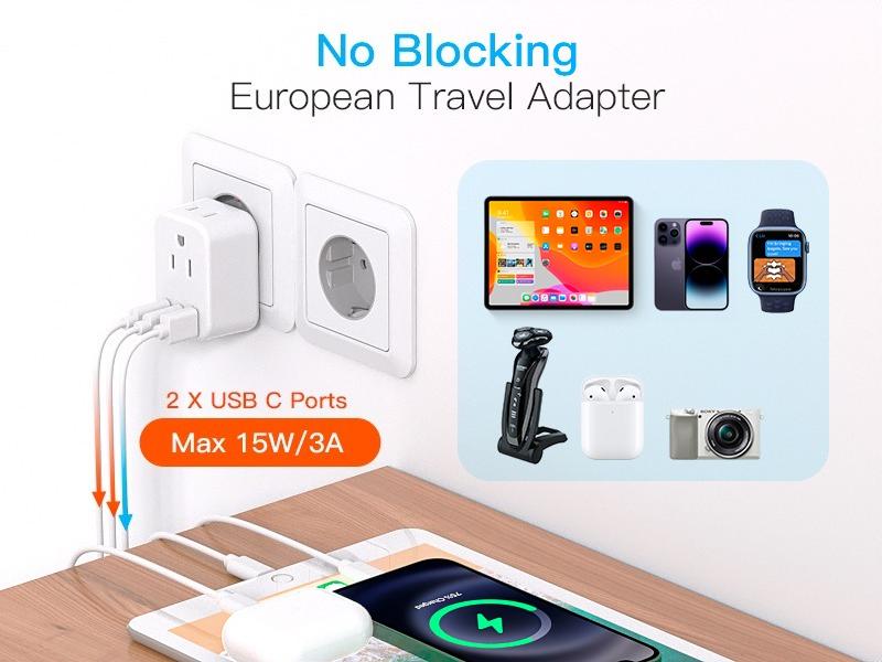 SQ-APT017 European Travel Plug Adapter for International,  Italy Spain Power Adapter 2 Outlets 2 USB C Ports, Type C Adapter Travel Cruise Essentials for US to Most Europe France Germany EU, 2 Pack