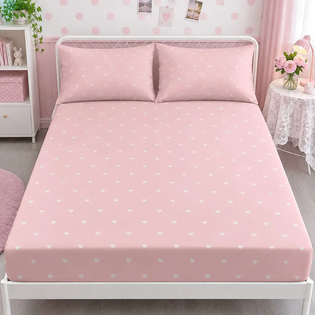 Light Heart Print Fitted Sheet Set, Includes 1 Sheet + 2 Pillowcases, Fits Single & Double Beds, Cute Girl Style, Ideal Gift, Breathable Bedding