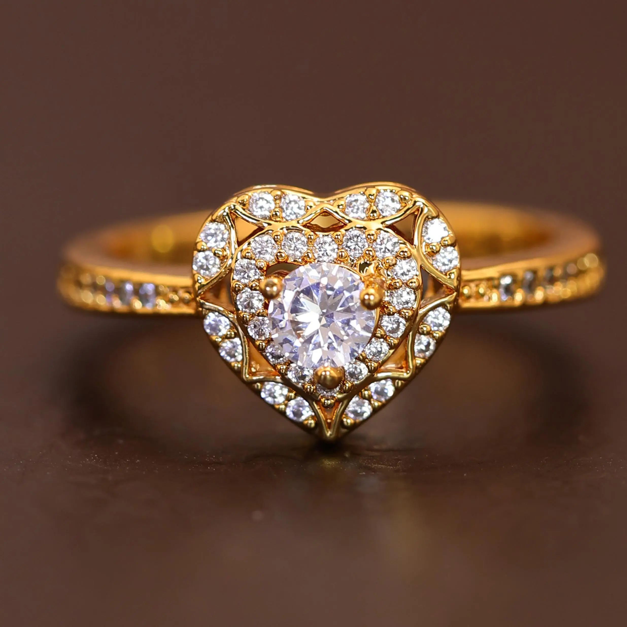 Women's Heart-Shaped Halo Engagement Promise Ring, Golden-Tone with Intricate Pavé Design, Timeless Costume Jewelry, Ideal Womens Gifts for Weddings & Anniversaries