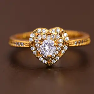 Heart-Shaped Halo Promise Ring, Golden-Tone with Intricate Pavé Design, Timeless Statement Jewelry Gift for Her, Ideal for Weddings, Anniversaries & Romantic Occasions