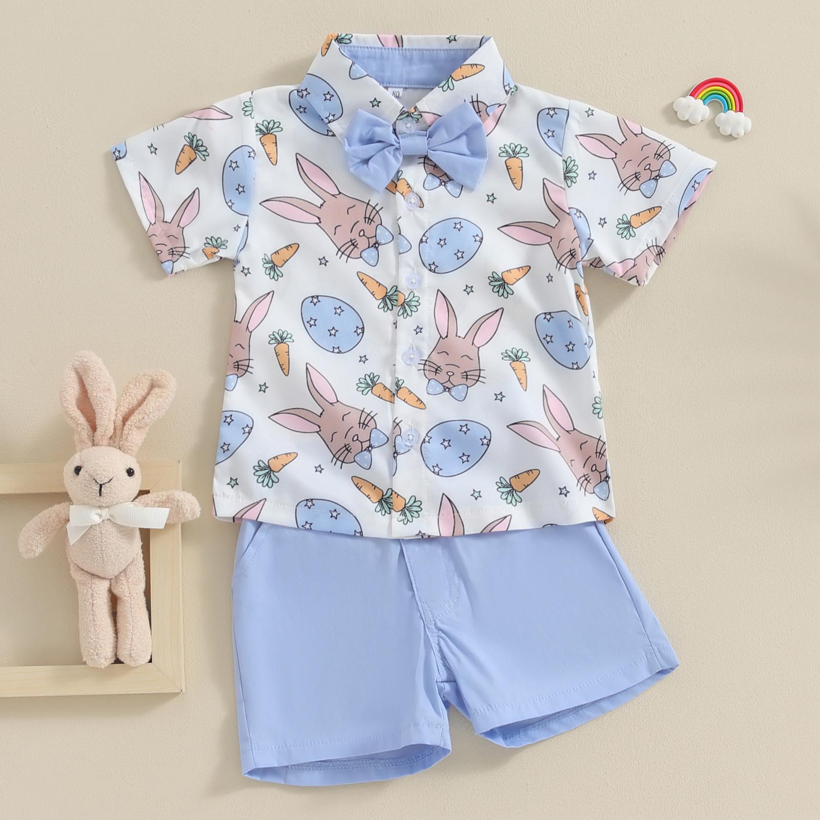 Babamoon Toddler Baby Boy Easter Outfits Carrot Rabbit Print Short Sleeve Button Down Shirt Top Solid Shorts Set Summer  2Pcs Clothes