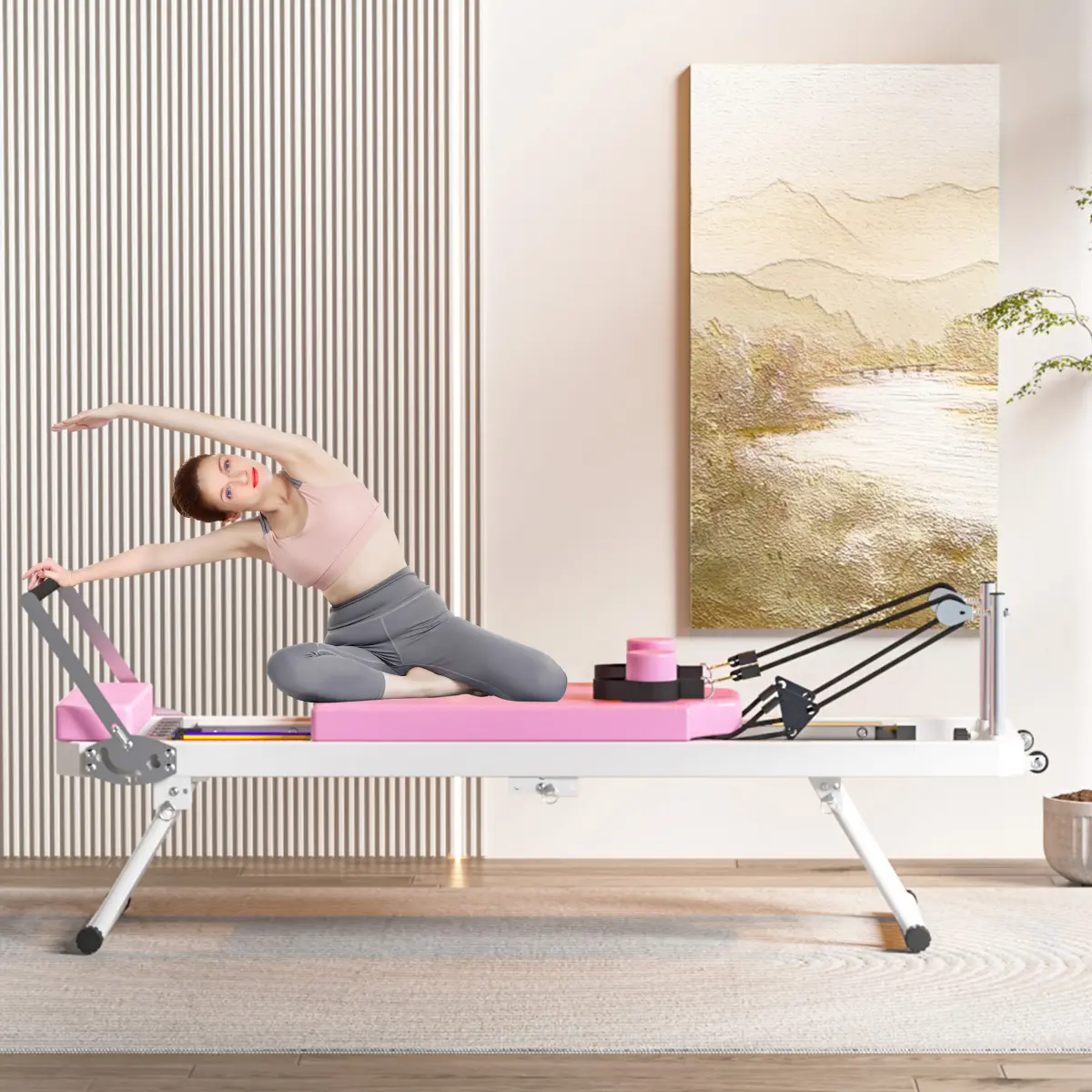 Unisex Pilates Reformer Machine with Folding Size, Dual-Resistance for Home Workouts, Easy Cleaning Silicone Leather, 330lb Capacity, Pink, Folding Frame