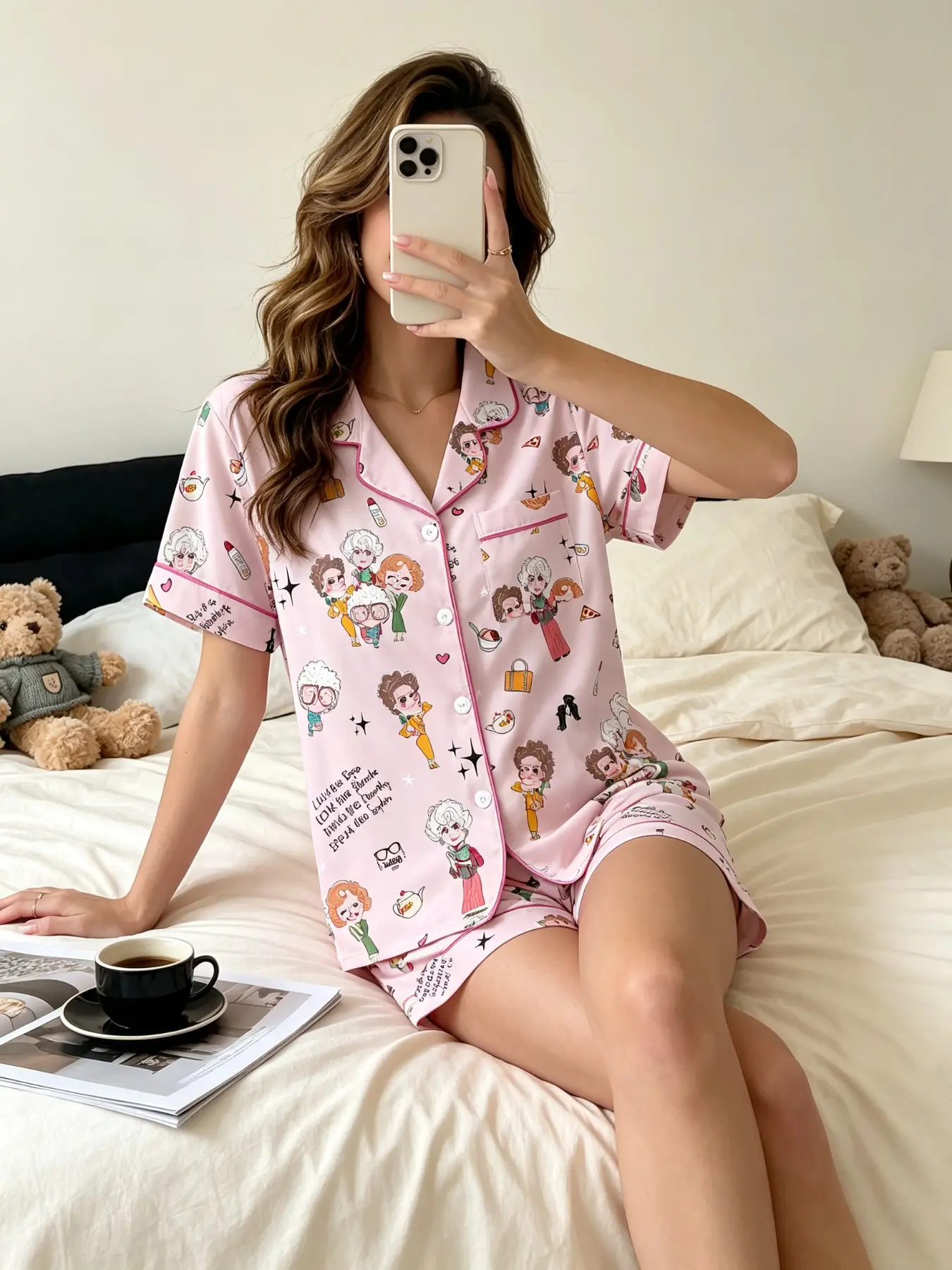 Women's Pajama Set, Light Cartoon Star Print, Fitted Loose Fit, Elastic Waist, Casual Home Wear, All Seasons