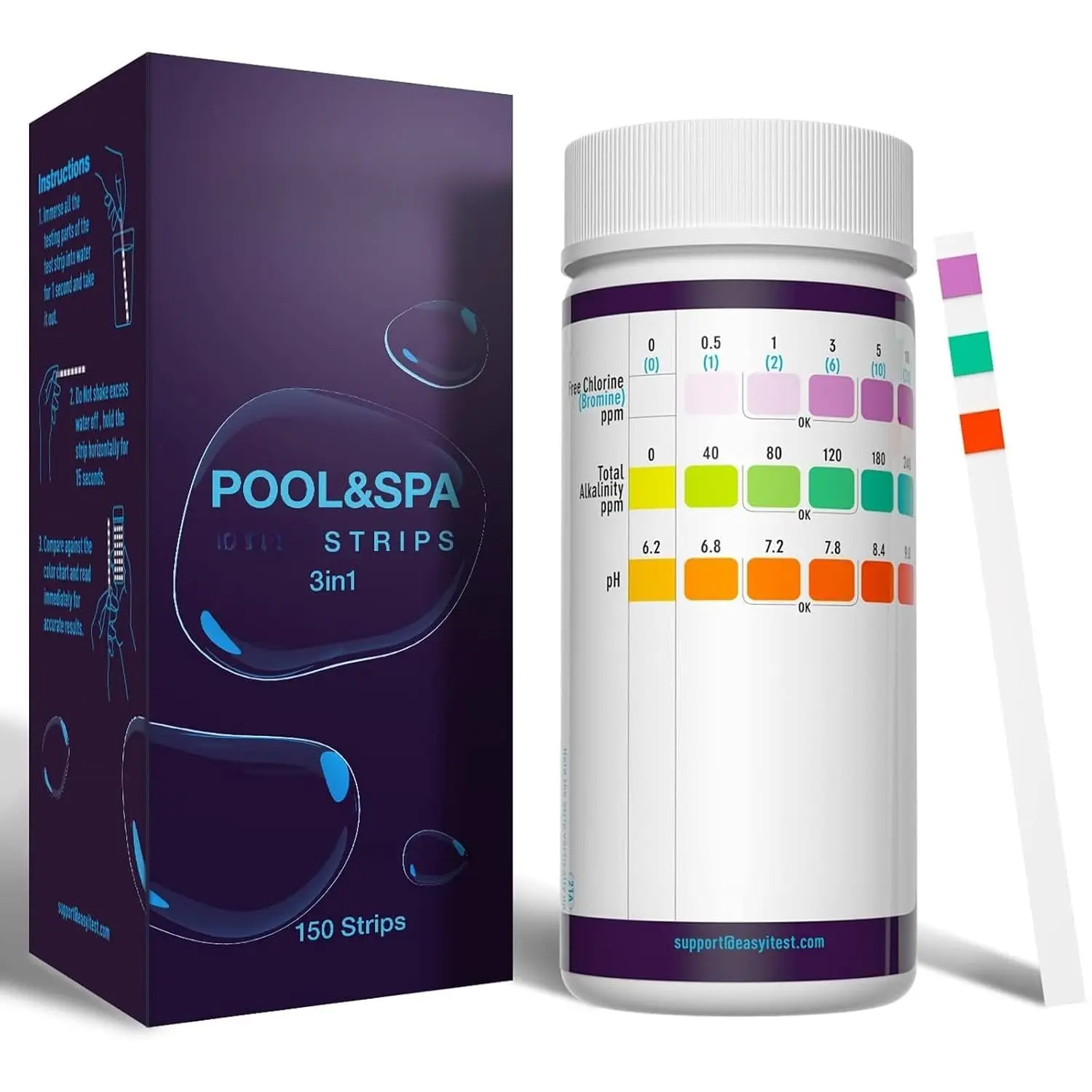 150 count 3-Way Hot Tub,  and Pool Test Strips | 15s Quick Test pH,  Alkalinity, Free Chlorine and Bromine,Pool Water Testing Kit
