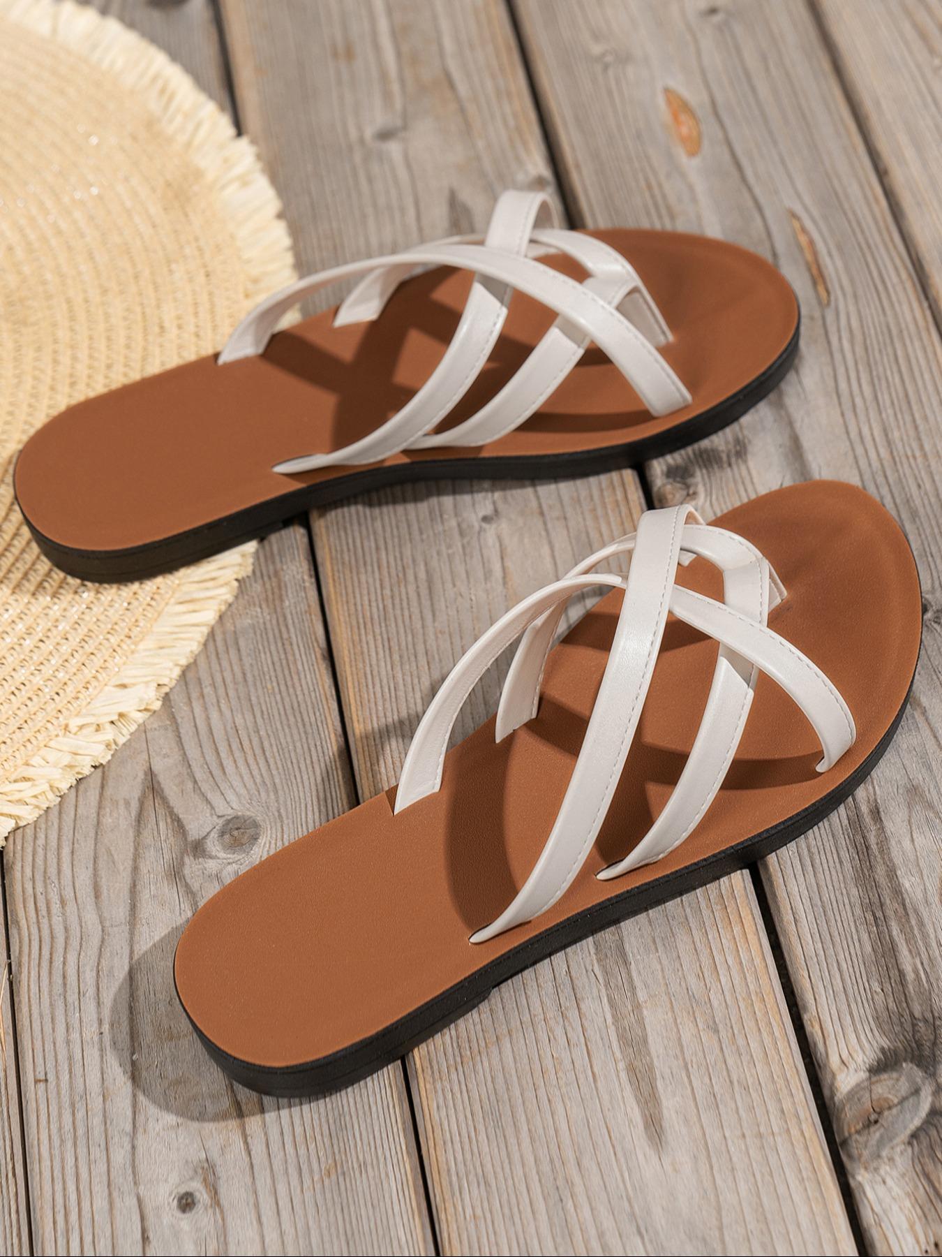 Women's Solid Color Toe Thong Sandals, Summer 2026 Hollow-Out Casual Slip-On Sandals for Beach, Wide Band Design for Daily Wear