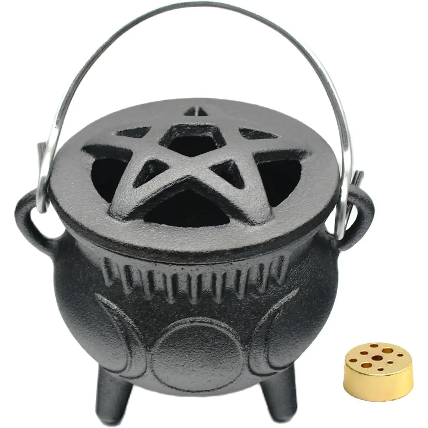 Small Triple Moon Cast Iron Cauldron with Lid and Handle, Incense Burner for Smudging, Rituals, Cooking, Sage and Halloween DecorationGift
