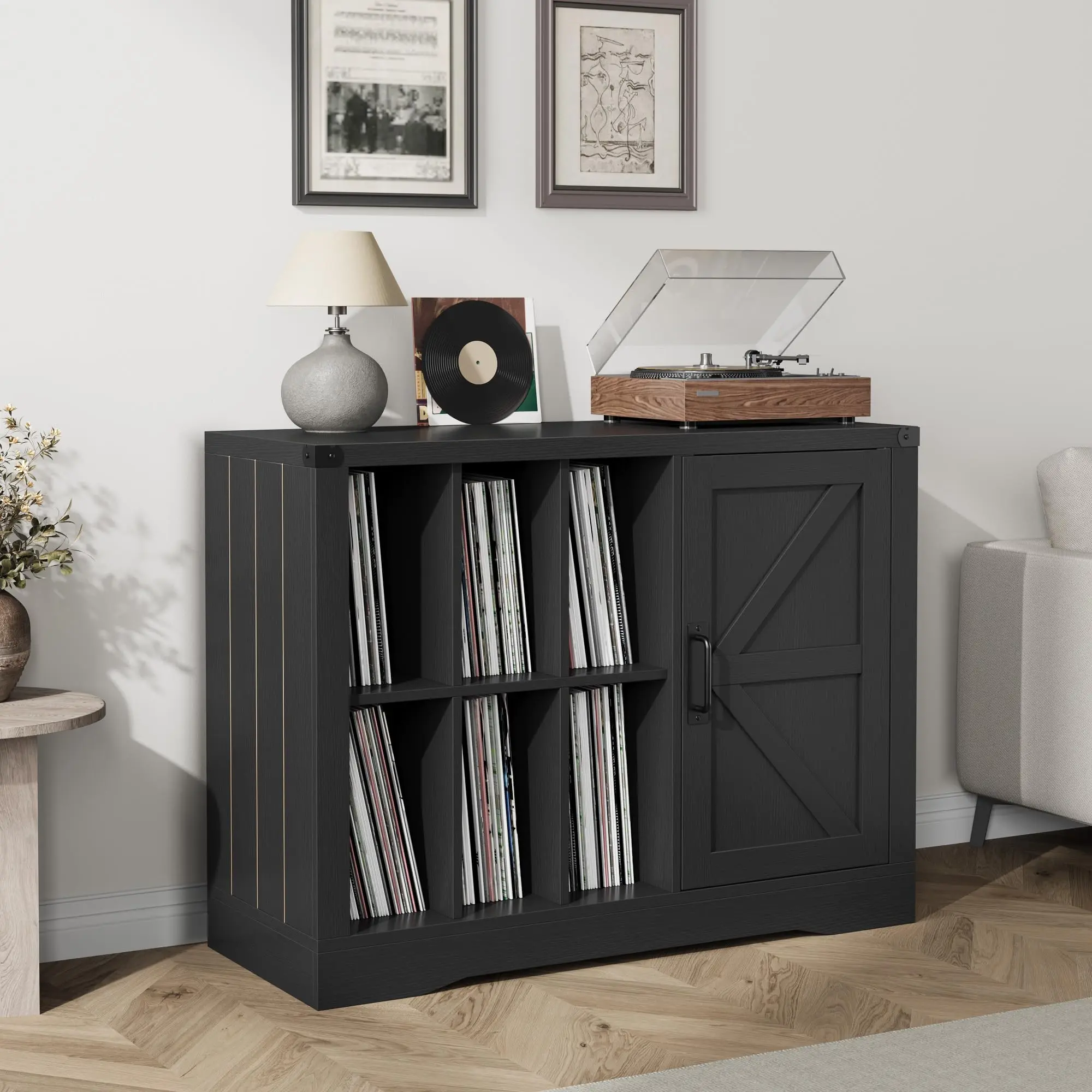 Garvee Black Wooden Record Player Stand with Vinyl Storage and Door, Farmhouse Style Turntable Cabinet with Shelves for Display and Storage of Up to 750 Albums, Ideal for Living Room Organization